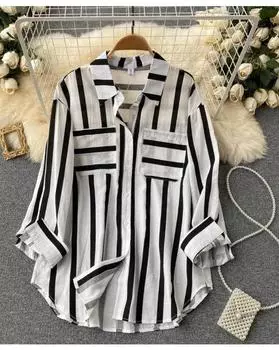 Рубашка в вертикальную полоску разных цветов для женщин, повседневный свободный топ с длинными рукавами S чёрный