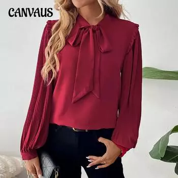 Рубашка весна-осень, стиль «фонарик», длинный рукав, воротник-бантик, однотонная женская рубашка S бордовый