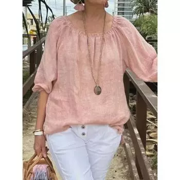 Рубашка весна-осень женская однотонная с круглым вырезом и средним рукавом блузки из хлопка и конопли повседневные топы S жёлтый