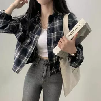 Рубашка Western Sle, уменьшающая возраст, женская рубашка в клетку с лацканами в стиле ретро, высококачественная одежда, маленькая короткая рубашка с длинным рукавом, осень S темно-синий