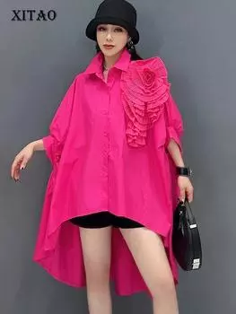 Рубашка XITAO с нерегулярными рукавами «летучая мышь» Рубашка с трехмерным украшением и цветочным принтом DMJ4075