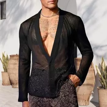 Рубашка Yousheng Men Club Shirt Ultra Thin Transparent Mesh V Neck Neck Closed Long Sleeves Muscle Men Top Party Performance Top S чёрный