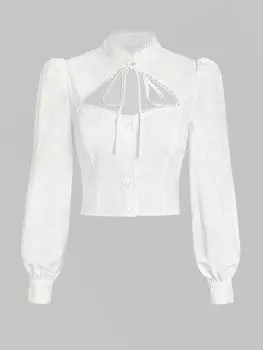 Рубашка ZAFUL с рукавами-фонариками, вырезами, отделкой крючком, воротником-стойкой и завязкой S белый