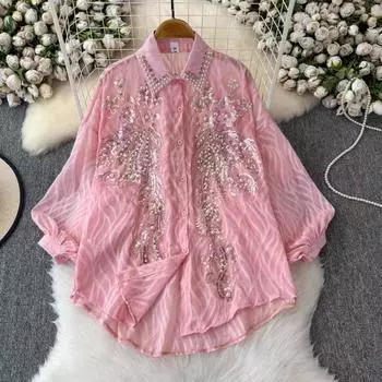 Рубашка женская французская тяжелая промышленность вышивка пайетками инкрустированная бриллиантами универсальная высококачественная рукав-фонарик one size розовый