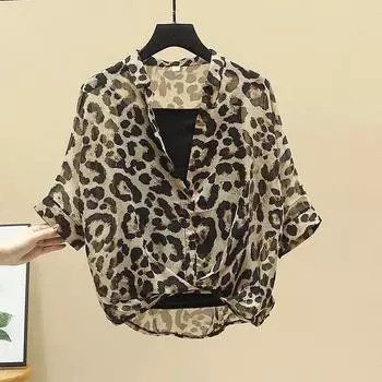 Рубашка женская из двух частей с леопардовым принтом, топы с V-образным вырезом, летняя свободная универсальная рубашка большого размера M серый