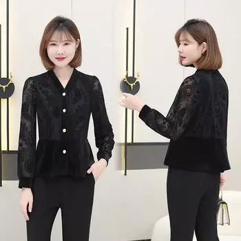 Рубашка женская из кружевного золотистого бархата с V-образным вырезом, черная, с длинным рукавом, приталенная, на весну и осень, облегающая, с верхом XL чёрный