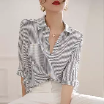 Рубашка женская летняя дизайнерская Sense Niche повседневная свободная модная на талии с завязками тонкая темпераментная вертикальная полосатая верхняя часть S