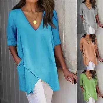 Рубашка женская летняя нестандартная повседневная футболка новая V-образный вырез половина рукава S