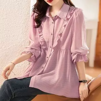 Рубашка женская новая свободная рубашка из шифона с эффектом затенения живота, модные повседневные топы для пожилых людей, женские рубашки M 90-52.5 kg розовый