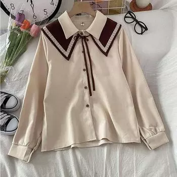 Рубашка женская осенне-зимняя тонкая удобная баска с длинным рукавом сплошной цвет пуловер блузка S белый