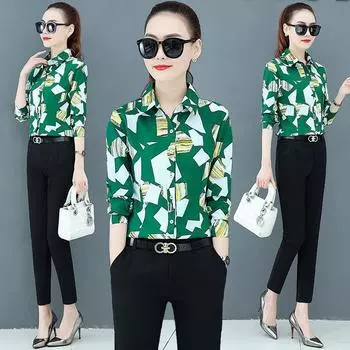 Рубашка женская с длинными рукавами и принтом, новинка 2023 года, корейская версия, свободная женская шифоновая рубашка с цветочным принтом S зелёный
