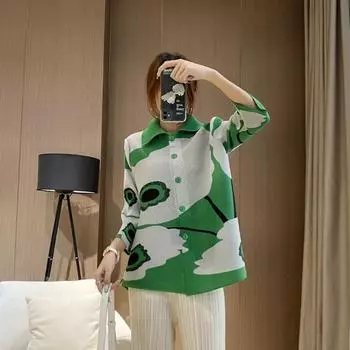 Рубашка женская свободного кроя, повседневная, для похудения, весна/лето, новый плиссированный модный кардиган с принтом и лацканами, топ One Size зелёный