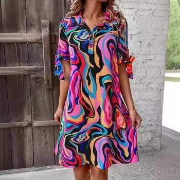 Рубашка женская весна и осень струящийся принт платье рубашка повседневное платье с коротким рукавом бант S чёрный