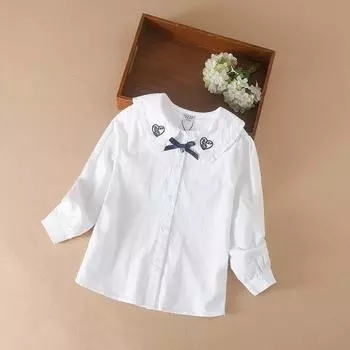 Рубашки, блузки для девочек, осенняя детская одежда 2024 года, детская одежда с вышивкой, отложным воротником и длинными рукавами для школьниц 5-12 лет 120 белый