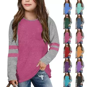 Рубашки для девочек 4-15 лет с длинным рукавом реглан с круглым вырезом и карманом 110 чёрный