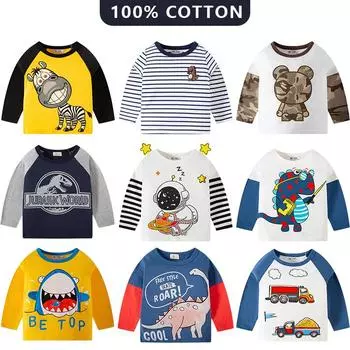Рубашки для мальчиков из 100% хлопка, детские весенне-осенние хлопковые топы с длинными рукавами и рисунком животных для маленьких девочек, футболка, одежда 2T