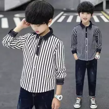 Рубашки для мальчиков, модные рубашки в полоску на весну и осень, детская красивая детская одежда, топы 170 синий