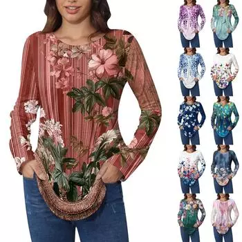 Рубашки для женщин Милые винтажные узоры с принтом Футболка с длинным рукавом Туника Топы Хлопковые пуловеры S