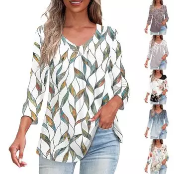 Рубашки для женщин, модные футболки на пуговицах с v-образным вырезом, повседневные летние футболки с принтом, футболка, блузка, топы с рукавами три четверти для женщин L чёрный