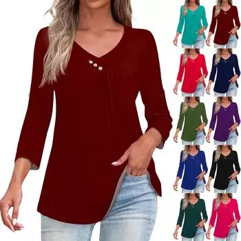 Рубашки для женщин, модные футболки на пуговицах с v-образным вырезом, повседневные однотонные летние футболки, блузки, топы с рукавами три четверти для женщин XXXL