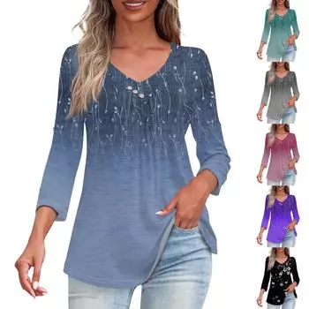 Рубашки для женщин, модные футболки на пуговицах с v-образным вырезом, повседневные летние футболки с принтом, футболка, блузка, топы с рукавами три четверти для женщин L чёрный