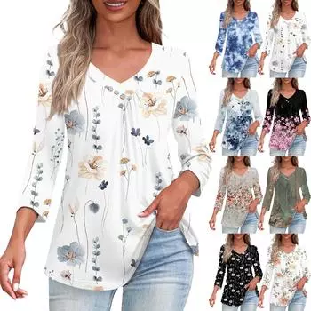Рубашки для женщин, модные футболки на пуговицах с v-образным вырезом, повседневные летние футболки с принтом, футболка, блузка, топы с рукавами три четверти для женщин L