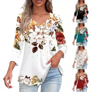 Рубашки для женщин, модные футболки на пуговицах с v-образным вырезом, повседневные летние футболки с принтом, футболка, блузка, топы с рукавами три четверти для женщин L чёрный