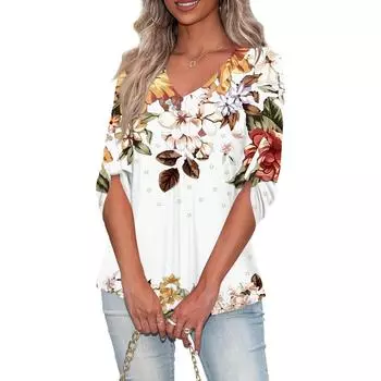 Рубашки для женщин, модные футболки на пуговицах с v-образным вырезом, повседневные летние футболки с принтом, футболка, блузка, топы с рукавами три четверти для женщин S синий