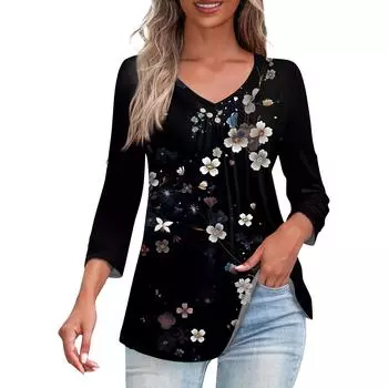 Рубашки для женщин, модные футболки на пуговицах с v-образным вырезом, повседневные летние футболки с принтом, футболка, блузка, топы с рукавами три четверти для женщин S
