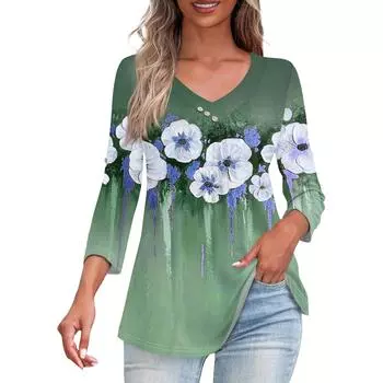 Рубашки для женщин, модные футболки на пуговицах с v-образным вырезом, повседневные летние футболки с принтом, футболка, блузка, топы с рукавами три четверти для женщин S серый