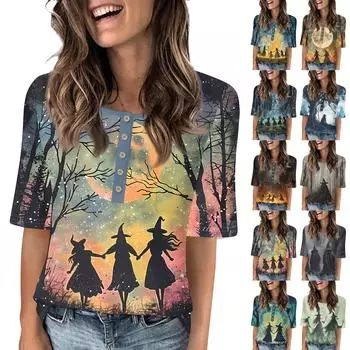 Рубашки для женщин Модные футболки с круглым вырезом и пуговицами Повседневные футболки с принтом на Хэллоуин Летние футболки Футболка Блузка Топы с коротким рукавом для женщин