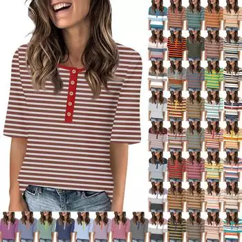 Рубашки для женщин, модные футболки с круглым вырезом и пуговицами, повседневные летние футболки с принтом, футболка, блузка, топы с короткими рукавами для женщин L