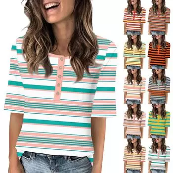 Рубашки для женщин, модные футболки с круглым вырезом и пуговицами, повседневные летние футболки с принтом, футболка, блузка, топы с короткими рукавами для женщин L синий