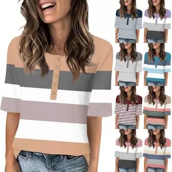 Рубашки для женщин, модные футболки с круглым вырезом и пуговицами, повседневные летние футболки с принтом, футболка, блузка, топы с короткими рукавами для женщин XXL фиолетовый