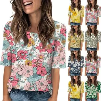 Рубашки для женщин, модные футболки с круглым вырезом, повседневные летние футболки с принтом, футболка, блузка, топы с короткими рукавами для женщин L