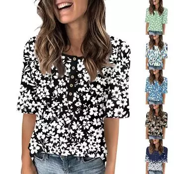 Рубашки для женщин, модные футболки с круглым вырезом и пуговицами, блузки с принтом, топы с коротким рукавом для женщин XXL