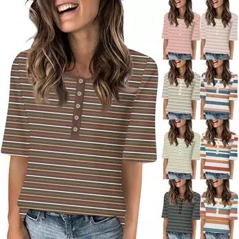 Рубашки для женщин, модные футболки с круглым вырезом и пуговицами, блузки с принтом, топы с коротким рукавом для женщин L розовый