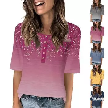 Рубашки для женщин, модные футболки с круглым вырезом и пуговицами, блузки с принтом, топы с коротким рукавом для женщин M