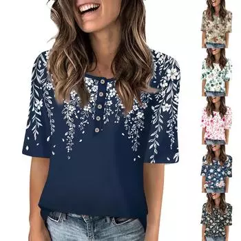 Рубашки для женщин, модные футболки с круглым вырезом и пуговицами, блузки с принтом, топы с коротким рукавом для женщин XL чёрный