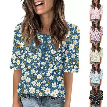 Рубашки для женщин, модные футболки с круглым вырезом и пуговицами, блузки с принтом, топы с коротким рукавом для женщин M синий