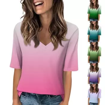 Рубашки для женщин, модные футболки с v-образным вырезом, повседневные летние футболки с принтом, футболка, блузка, топы с короткими рукавами для женщин L циан
