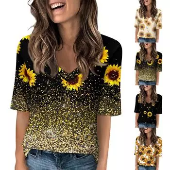 Рубашки для женщин, модные футболки с v-образным вырезом, повседневные летние футболки с принтом, футболка, блузка, топы с короткими рукавами для женщин L чёрный