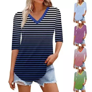 Рубашки для женщин Модные футболки с V-образным вырезом Повседневные блузки с принтом Топы с коротким рукавом для женщин L темно-синий