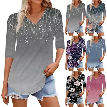 Рубашки для женщин Модные футболки с V-образным вырезом Повседневные блузки с принтом Топы с коротким рукавом для женщин L чёрный