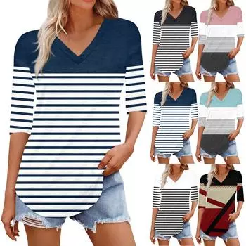 Рубашки для женщин Модные футболки с V-образным вырезом Повседневные блузки с принтом Топы с коротким рукавом для женщин L чёрный
