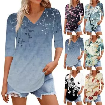 Рубашки для женщин Модные футболки с V-образным вырезом Повседневные блузки с принтом Топы с коротким рукавом для женщин L чёрный
