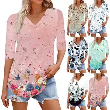 Рубашки для женщин Модные футболки с V-образным вырезом Повседневные блузки с принтом Топы с коротким рукавом для женщин L