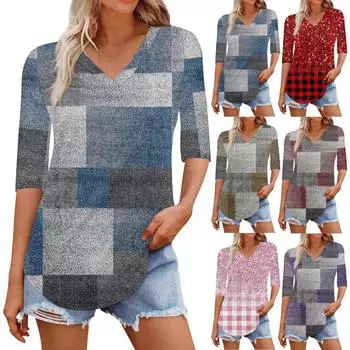 Рубашки для женщин Модные футболки с V-образным вырезом Повседневные блузки с принтом Топы с коротким рукавом для женщин L синий