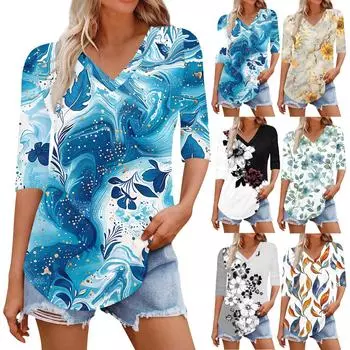 Рубашки для женщин Модные футболки с V-образным вырезом Повседневные блузки с принтом Топы с коротким рукавом для женщин M синий