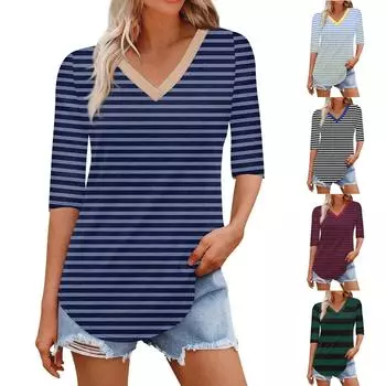 Рубашки для женщин Модные футболки с V-образным вырезом Повседневные блузки с принтом Топы с коротким рукавом для женщин XXL